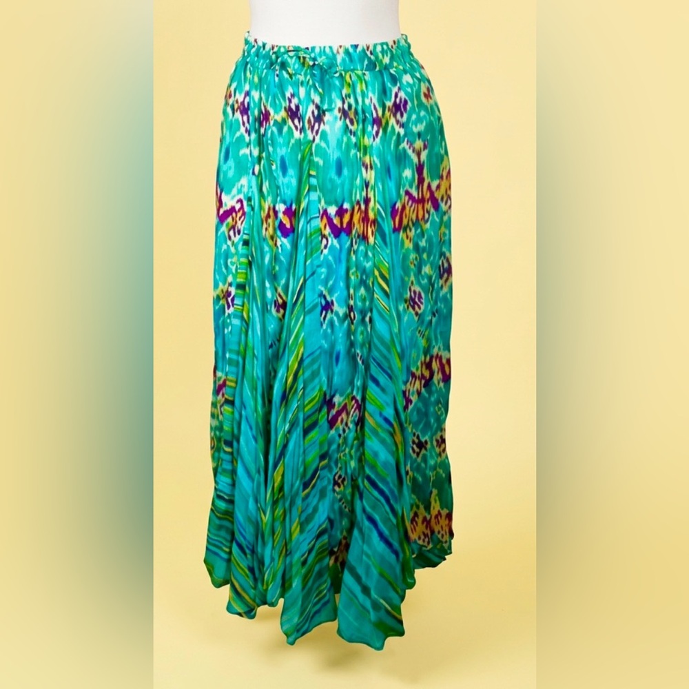 Vintage India Turquoise Multi  Ikat Rayon Boho Maxi Skirt Festival Artsy • S-M